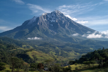 Majestic mountains with snow-capped peaks, green valleys below, clean and natural air
