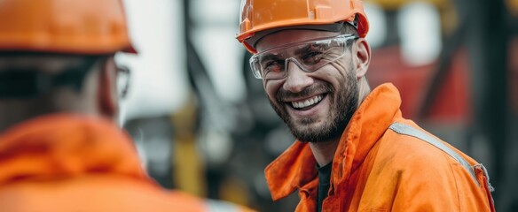 The Construction Worker Smiling and Talking to a Colleague on an Industrial Site