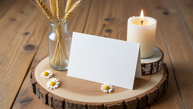 Blank Greeting Card with Candle Wheat and Daisies on Wooden Surface