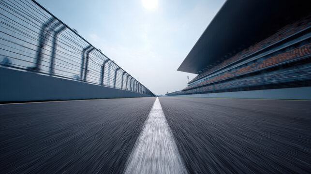 Race track asphalt surface with white line and safety fence under bright sky, creating dynamic and thrilling atmosphere