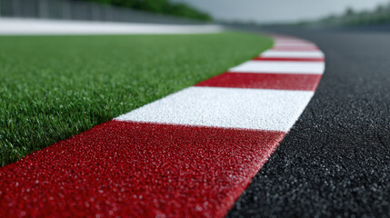Red and white curb detail on asphalt track with green grass beside, showing texture and wet surface in close up view