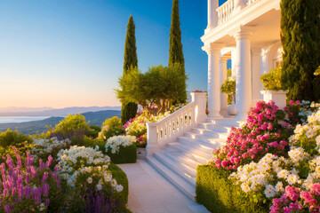A serene and elegant sunset garden landscape featuring a white balustrade manicured lawns and tall beautiful cypress trees