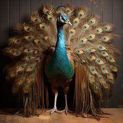Majestic peacock with full fanned tail feathers, standing on a wooden floor in front of a dark, rustic wooden wall