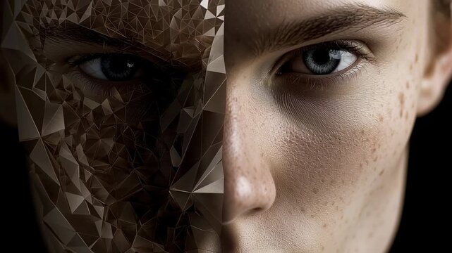 A striking split portrait, half with human skin and freckles and half with a textured, metallic, crystalline surface, representing a dual personality.