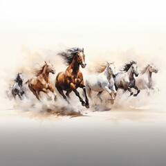 Dynamic painting of a herd of powerful horses of different colors galloping through a dusty field on a soft, neutral background