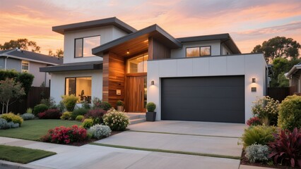 Fototapeta premium Modern Contemporary House Exterior at Sunset with Well-maintained Garden and Bright Lighting