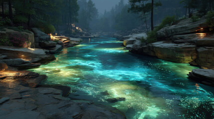 Serene river flowing through forested canyon, illuminated by bioluminescent plants and glowing water, creating magical and tranquil natural scene at night