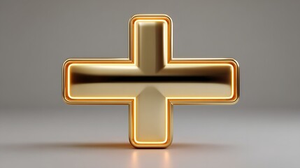 Glossy Golden Plus Symbol With Illuminated Edges Against A Neutral Background