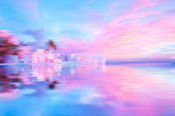A vibrant and futuristic sunset over water portrayed as a dynamic glitch art background blending natural beauty with digital chaos