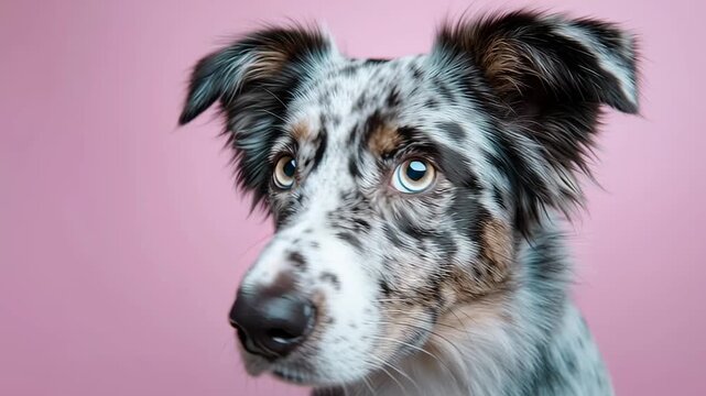 A cute puppy with blue eyes and merle coat patterns is looking to the side of the camera against a pink background.