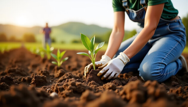 Gardening enthusiast carefully planting young seedling in fertile soil with copy space for national gardening day