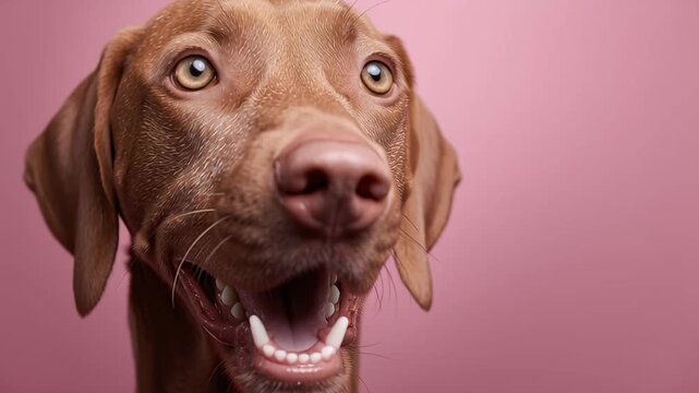 A close-up portrait of a happy, excited brown dog. The cute pet looks directly at the camera with a funny expression on its face, a perfect animal.