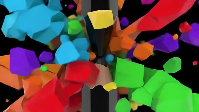 Two Pencils Meeting Amidst a Burst of Vibrant Multicolored Geometric Shapes on Black