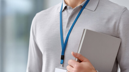 Torso of person wearing gray polo shirt holding gray notebook with blue lanyard ID badge in office environment