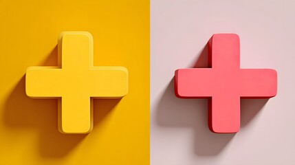 Fototapeta premium Colorful Geometric Plus Symbol in Yellow and Pink Against Contrasting Backgrounds