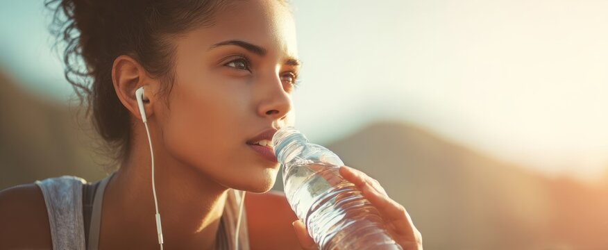 The woman drinking water after outdoor workout at sunset with earphones and determination