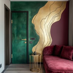 Abstract wall mural with gold lines on maroon green