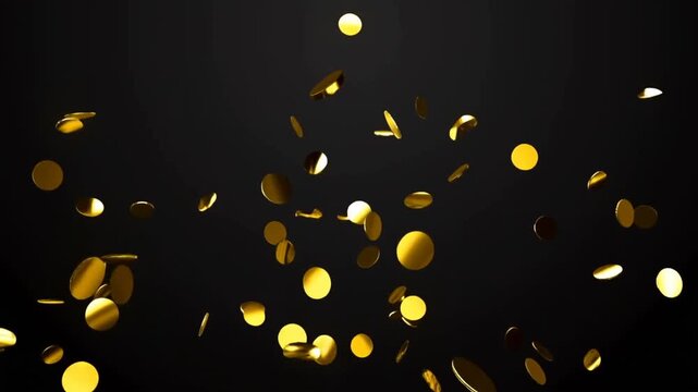 Golden confetti falling animation on black background. Celebration effect