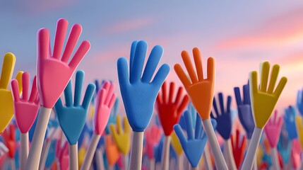 Vibrant Display of Colorful Gloved Hands Against a Stunning Sunset Sky