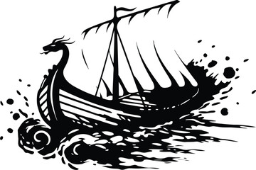 Black Silhouette Viking Ship on the Water in with a White Background