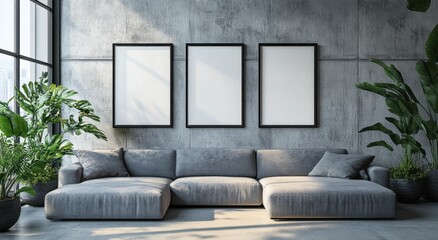 Modern interior living room with a concrete wall backdrop, featuring a sleek gray sofa and lush green plants