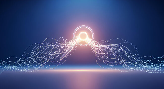 Futuristic Magnifying Glass Analyzing Data Flow, Big Data Search and Discovery, Digital Information Technology Research Concept, Magnifying Glass Analyzing Data and Information. - Powered by Adobe