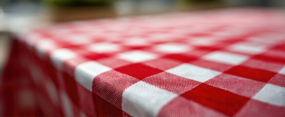 The tablecloth with red gingham checks draped over a table in soft bokeh