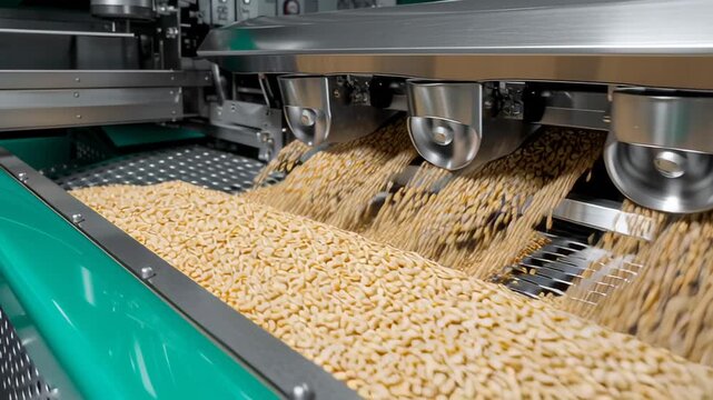 A close-up shot of a food production line as dry, golden pasta or cereal pours from several pipes onto a conveyor belt in an industrial food processing plant.