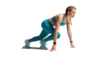 Fototapeta premium Young caucasian woman with braided hair in blue sports bra, teal leggings, fitness tracker, in sprinter's start on white studio background, dramatic shadows, concept of peak performance and readiness