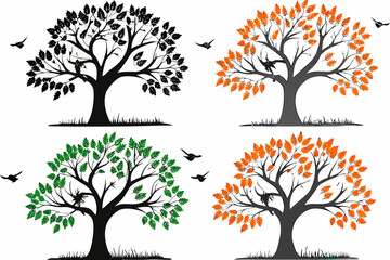Fototapeta premium Four trees with different colored leaves and birds flying around them freely outside