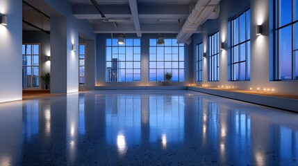Modern Minimalist Interior Space with Reflections and Blue Lighting at Night