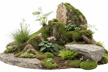 Cutout rock surrounded by flowers. Garden design isolated on transparent background. Flowering shrub and green plants for landscaping. Decorative shrub and flower bed