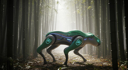 Futuristic robot dog in a misty bamboo forest, sci-fi robotic animal exploring the wilderness, futuristic technology robot dog, AI creature in nature, advanced robotic animal concept.