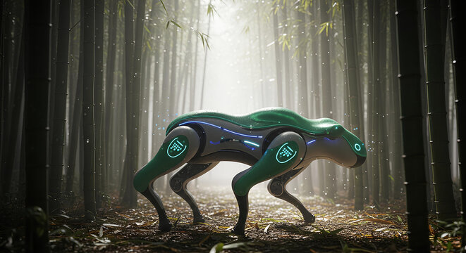 Futuristic robot dog in a misty bamboo forest, sci-fi robotic animal exploring the wilderness, futuristic technology robot dog, AI creature in nature, advanced robotic animal concept.