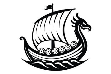 Black Silhouette of Viking Ship with Dragon Head on a White Background © Lovely