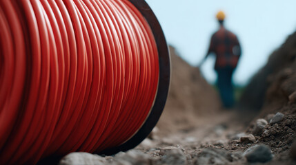 Red cable spool in foreground with blurred construction worker wearing helmet walking in trench on sunny day