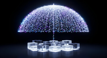 Digital data protection umbrella, futuristic security shield concept. Abstract technology umbrella protecting data, network security shield, and cyber insurance technology protection.
