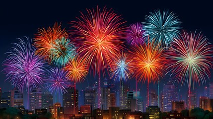 Colorful Fireworks Exploding Over a Vibrant City Skyline at Nighttime Celebration
