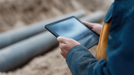 Worker hands holding digital tablet near metal pipe on construction site with dirt ground, showing focus and technology use in outdoor work