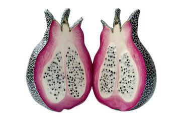 Sliced dragon fruit halves displaying vibrant colors on transparent background