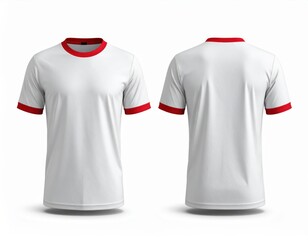 Blank white t-shirt with red ringer trim, featuring front and back views for apparel design mockups on an isolated background