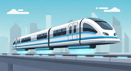 Obraz premium Futuristic maglev train speeding through a modern city on elevated tracks.