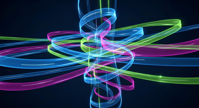 Abstract glowing spiral ribbons, digital data flow, futuristic technology connection. Luminous energy helix, abstract spiral background with flowing light trails and vibrant colors.