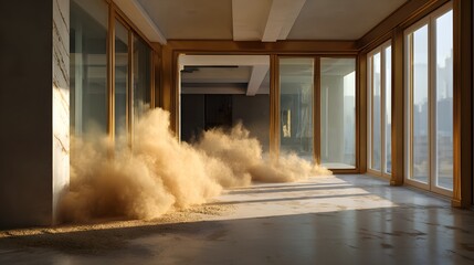Dust Cloud Filling an Empty Modern Room with Large Windows and Natural Light in Urban Setting
