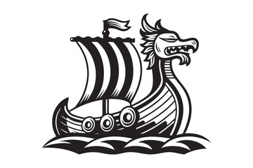 Black Dragon Head Viking Ship Sailing Boat on White Background Design