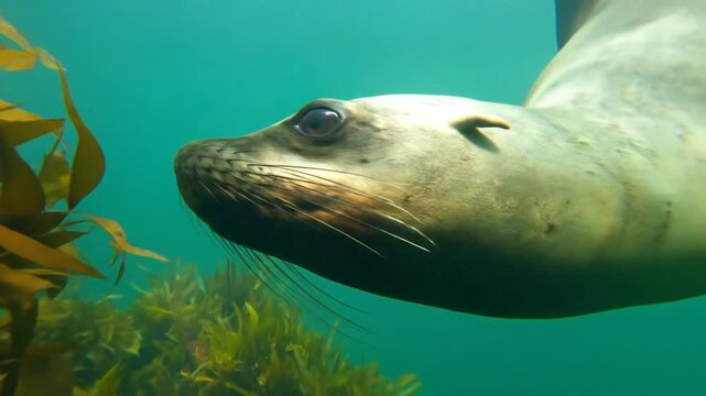 Sea lion swims, kelp in view