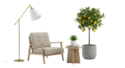 Modern home interior vignette with beige armchair, sleek lamp, lemon tree, and plant, on transparent background, concept of serene domesticity and elegance