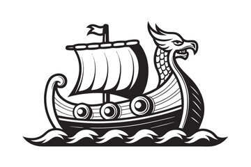 Line Art Viking Ship with Dragon Head Sailing on Waves, Isolated on White