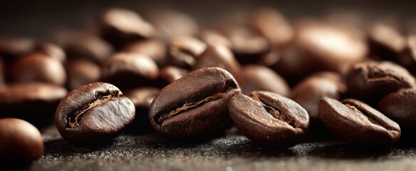 Fototapeta premium The coffee beans close-up showing rich roasted texture and warm bokeh lighting