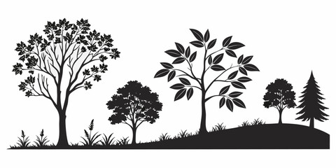 Diverse Silhouettes of Trees and Grassland